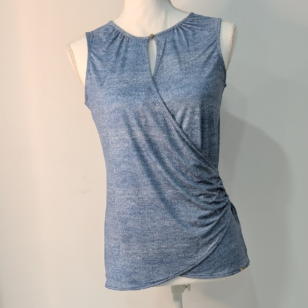 Michele Belau blue sleeveless wrap top